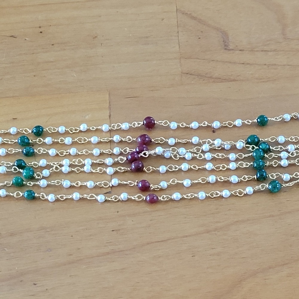 Vintage Multi Strand Pearl Red Green Bead Gold Tone Bib Necklace 17"